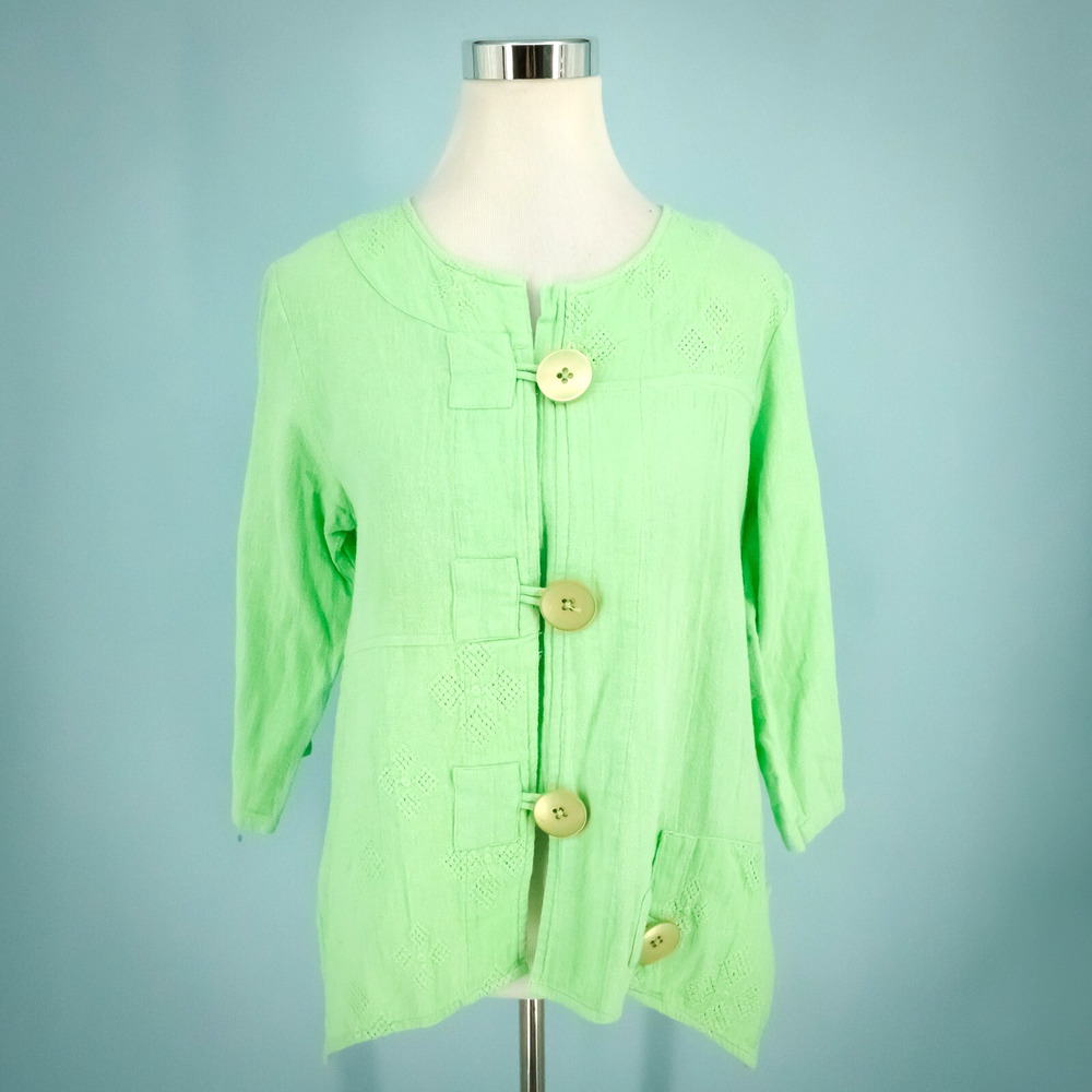 Parsley & Sage Size Medium M Lime Green Embroidered Button Cotton Artsy Jacket